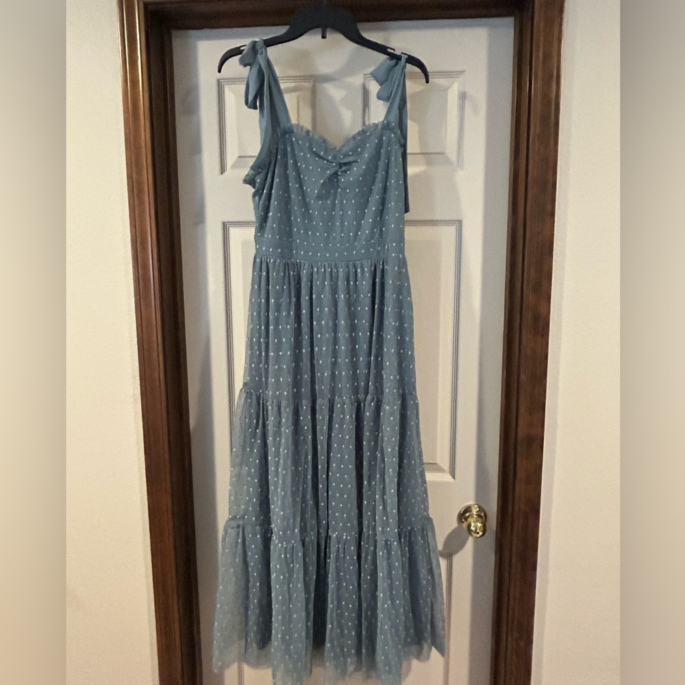 Lulu's Dusty Blue Polka Dot Tie-Strap Maxi Dress